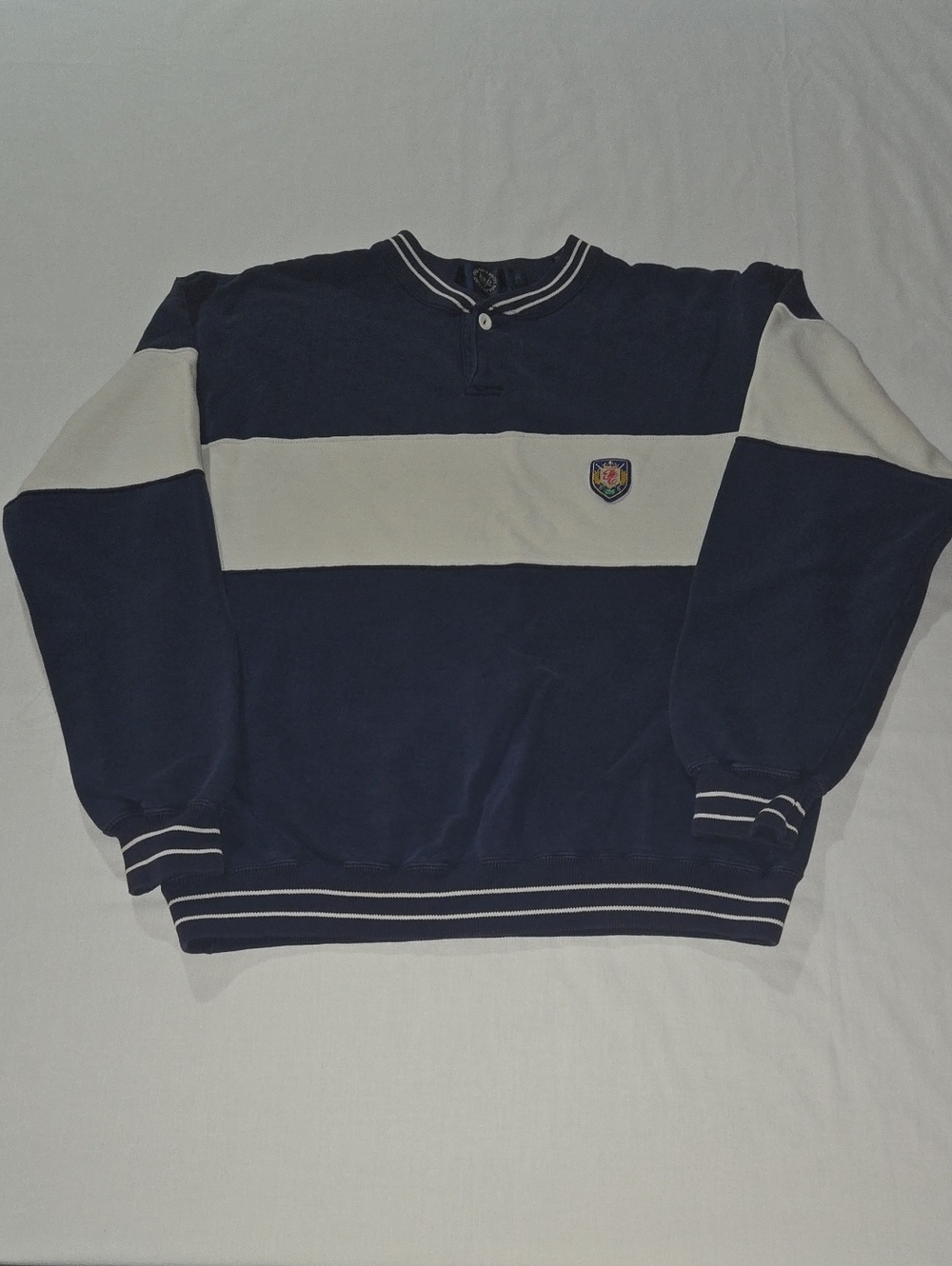 Men's Navy and White Rugby-Striped Pullover Sweater